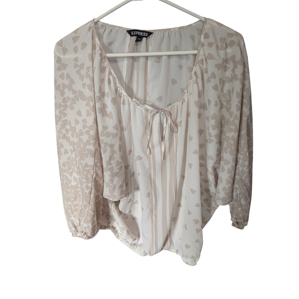 Express Womens Heart Print Chiffon Blouse Tan White Long Sleeve Scoop Neck Med